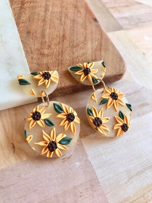 Sunflower Earrings, Polymer Clay Earrings, Summer Earrings, floral earrings, Flower Statement Earrings, Modern Earrings, Sunflower Jewelry - image4